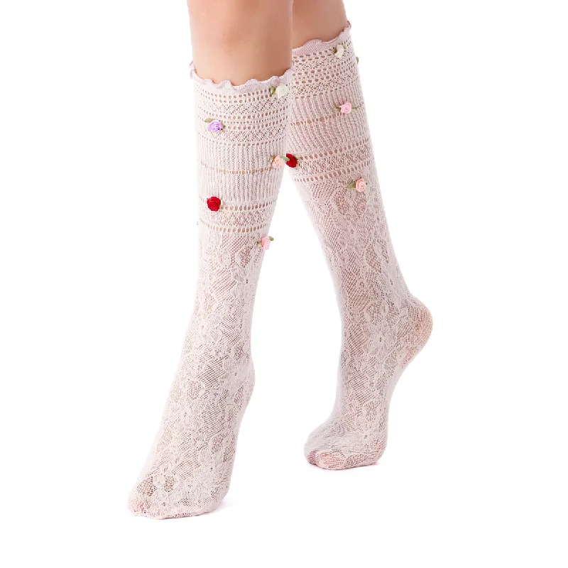 Briar 3D Rose Buds Lettuce Edge Lace Crew Sock | Light Pink