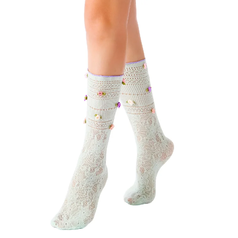 Briar 3D Rose Buds Lettuce Edge Lace Crew Sock | Mint Green