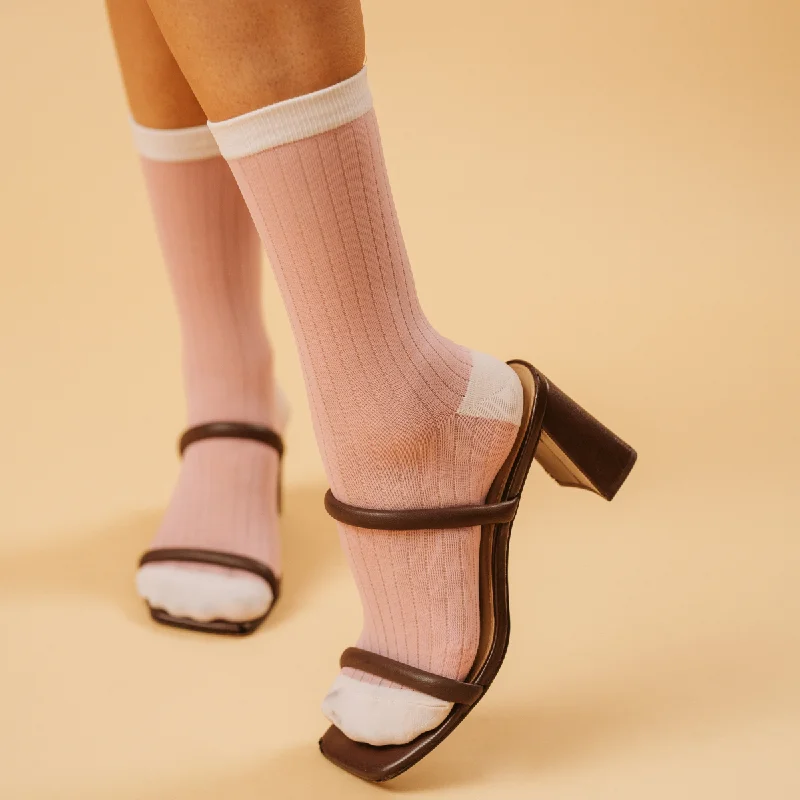 Camellia Striped Ribbed Semi-Sheer Ankle Sock | Pink