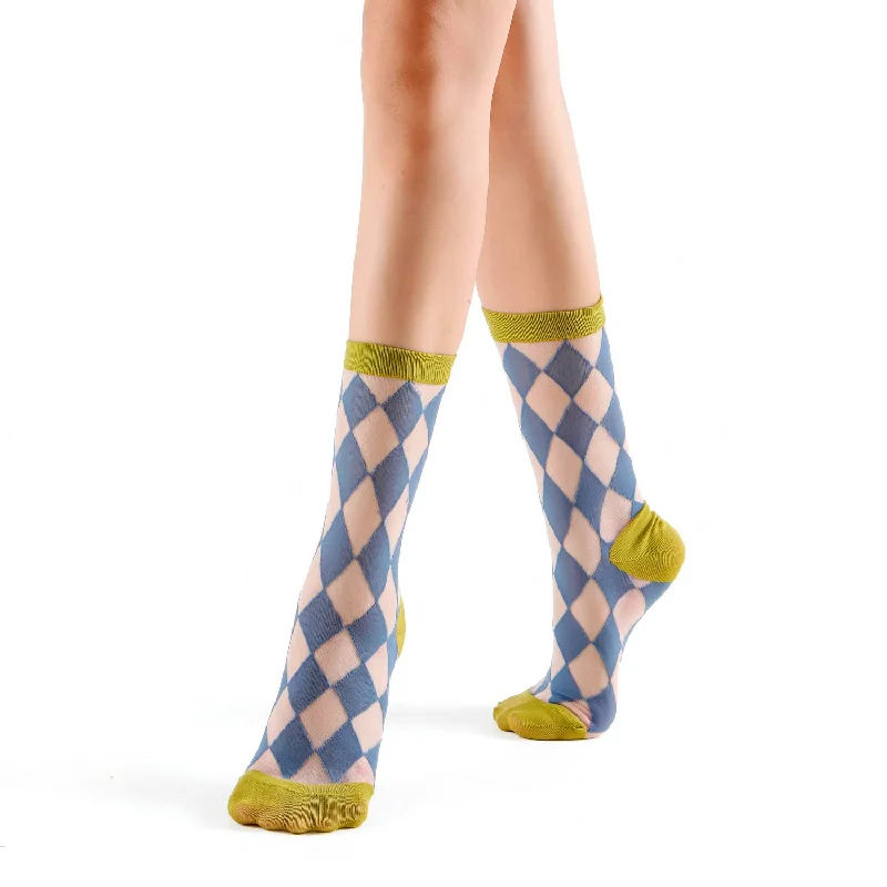 Cleo Argyle Sheer Crew Sock | Blue/Green