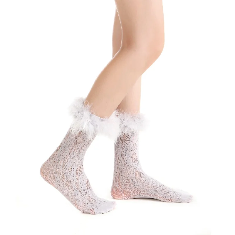 Destiny Feather Trim Lace Crew Sock | Light Grey