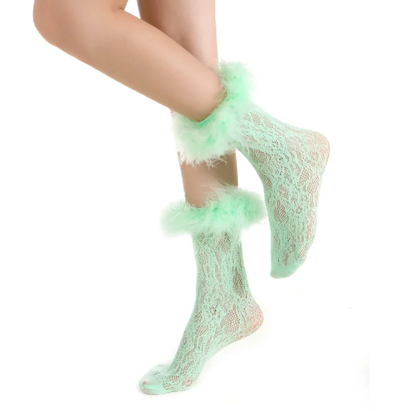 Destiny Feather Trim Lace Crew Sock | Mint Green