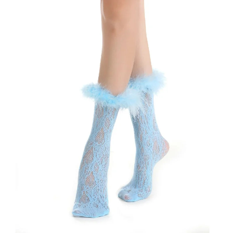 Destiny Feather Trim Lace Crew Sock | Pastel Blue