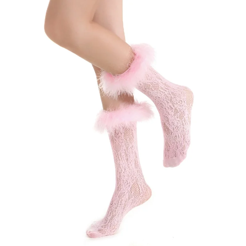 Destiny Feather Trim Lace Crew Sock | Pastel Pink