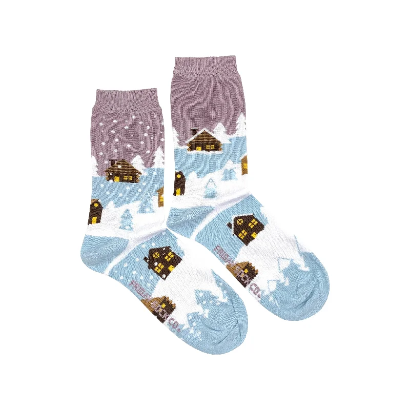 Snowy Village | Women's Mismatched Winter Scene Socks