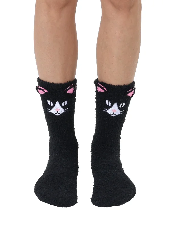 Fuzzy Black Cat Crew Socks