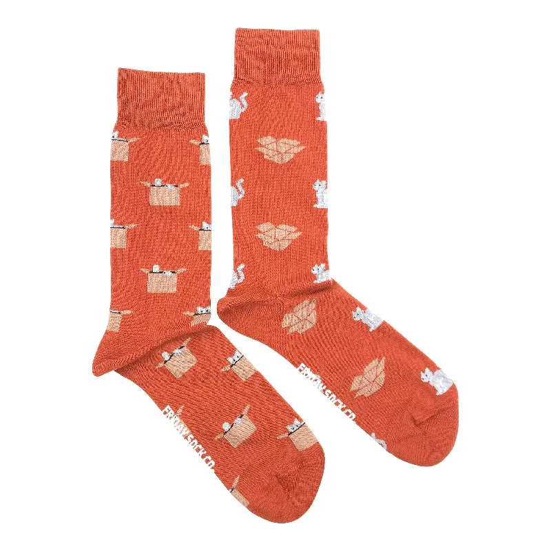 Orange Cat & Box Socks | Unisex | Mismatched Socks