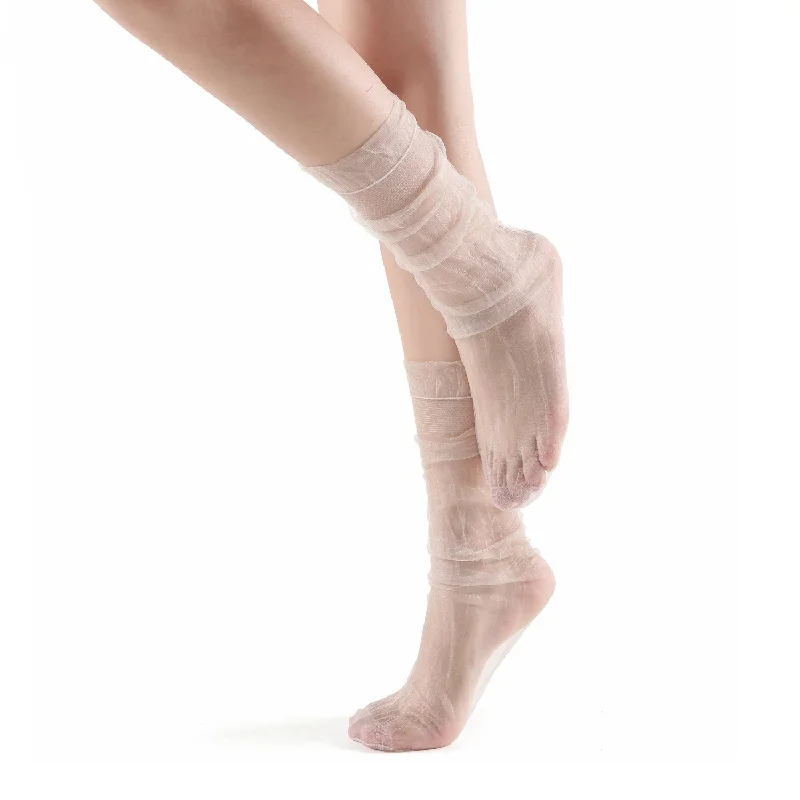 Olivia Slouch Sheer Tulle Crew Sock | Nude Beige