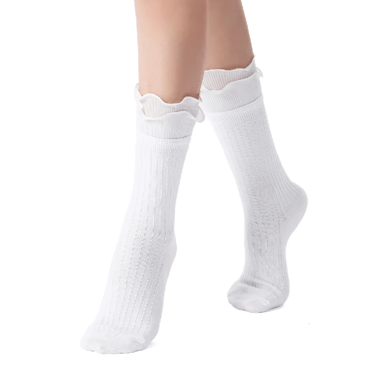 Sophia Layered Lettuce Edge Crew Sock| White