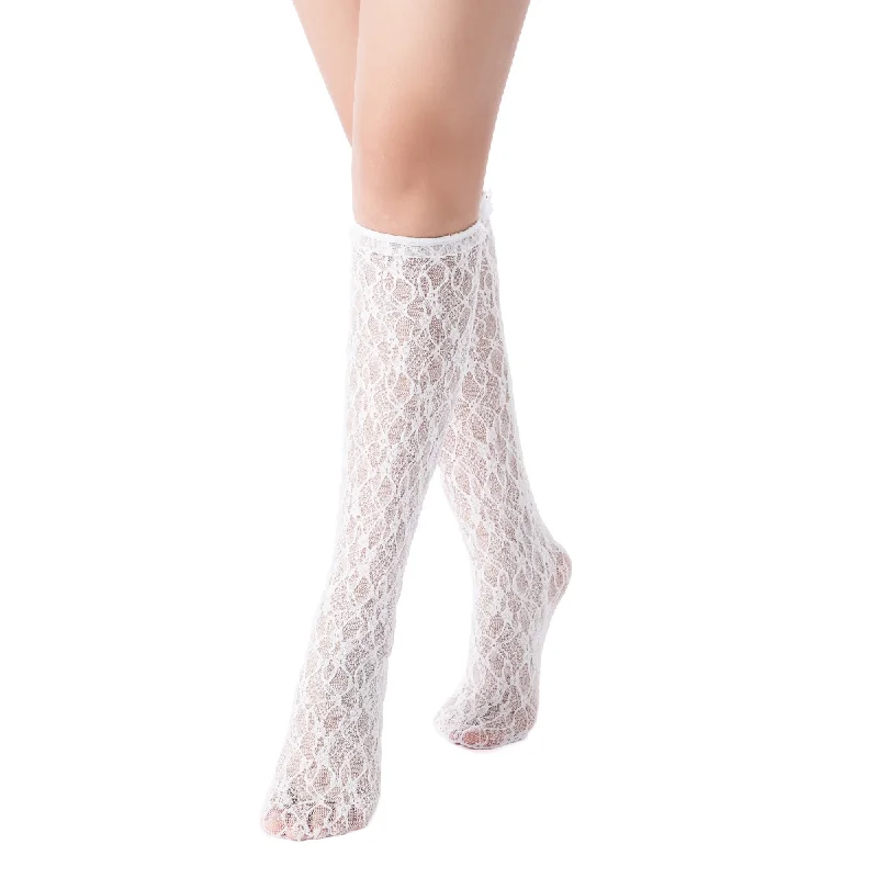 Vivienne Floral Lace Ruffle Edge Knee-High Sock | White