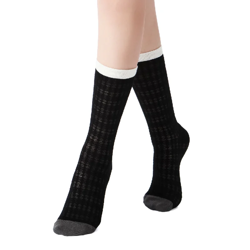 Zoe Color Block Pointelle Semi-Sheer Crew Sock | Black