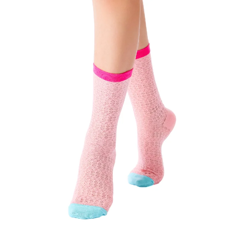 Zoe Color Block Pointelle Semi-Sheer Crew Sock | Pink