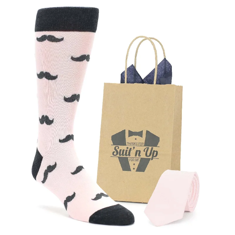 Blush Petal Gray Mustache Wedding Groomsmen Men's Dress Socks with Matching Necktie