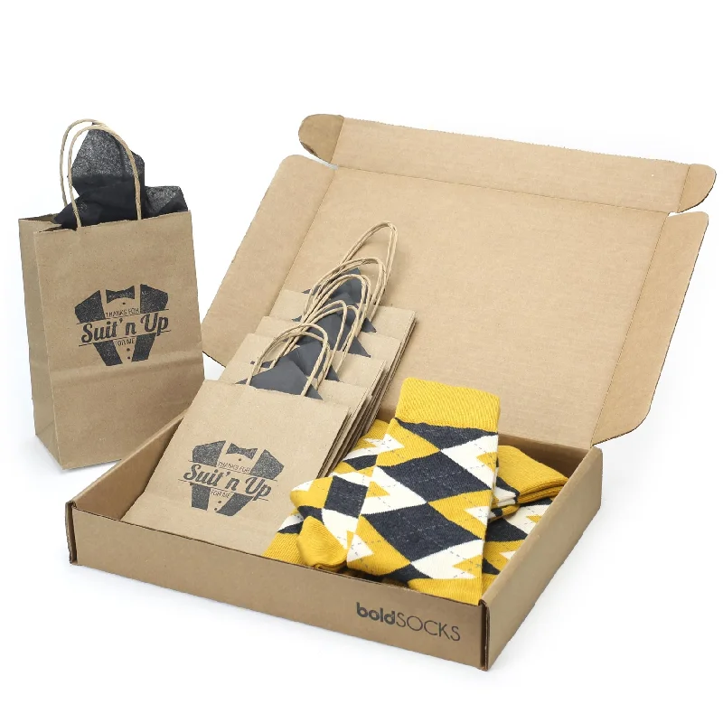 Customizable Groomsmen Gift Set Mustard Yellow Gray Argyle Men’s Dress Socks